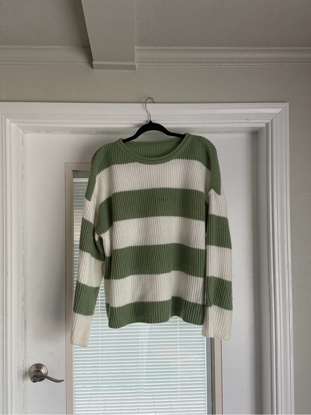 SHEIN Olive Green & Cream Striped Crewneck Sweater